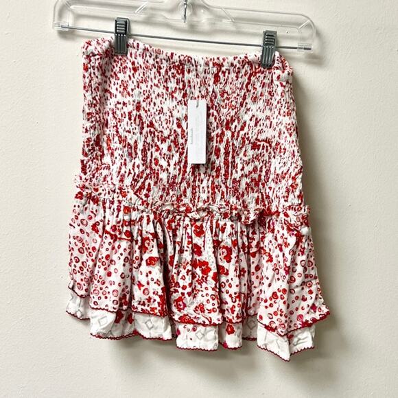 NWT Poupette St Barth Rayon Georgette Print Smocked Mini Skirt White/Red S - Picture 2 of 6